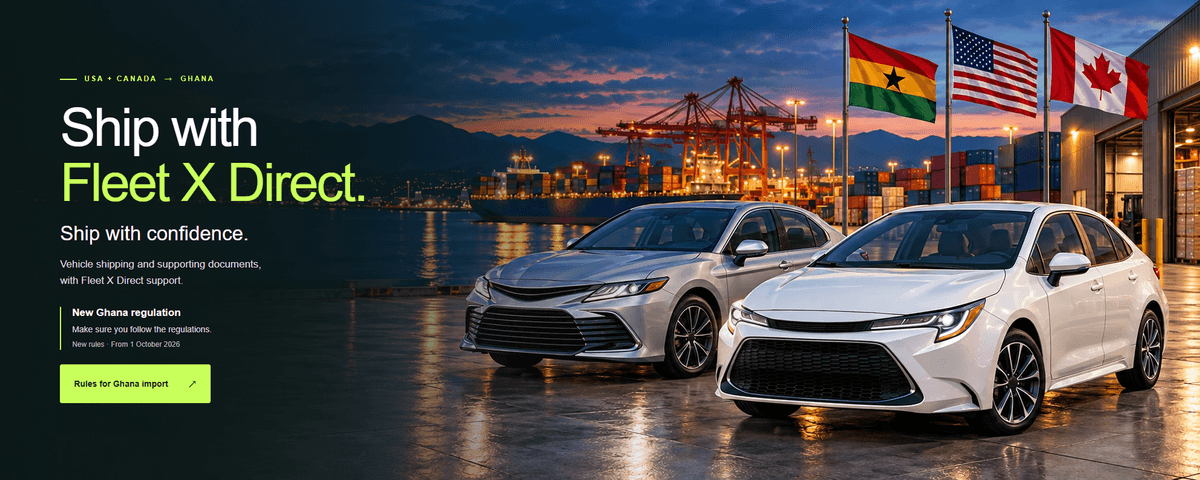Cars at a port beneath the flags of Ghana, the United States and Canada