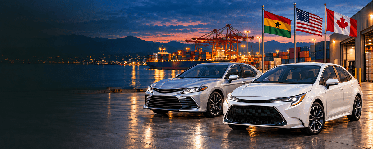 Cars at a port beneath the flags of Ghana, the United States and Canada
