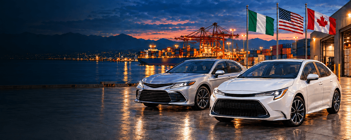 Cars at a port beneath the flags of Nigeria, the United States and Canada