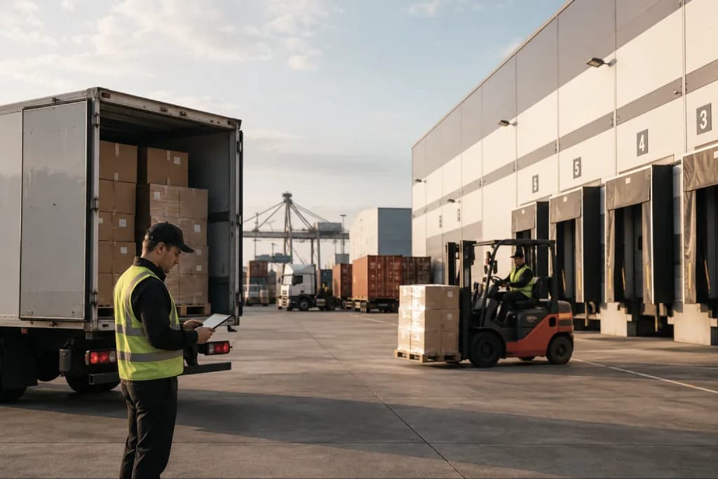 Freight moving through a distribution yard by truck