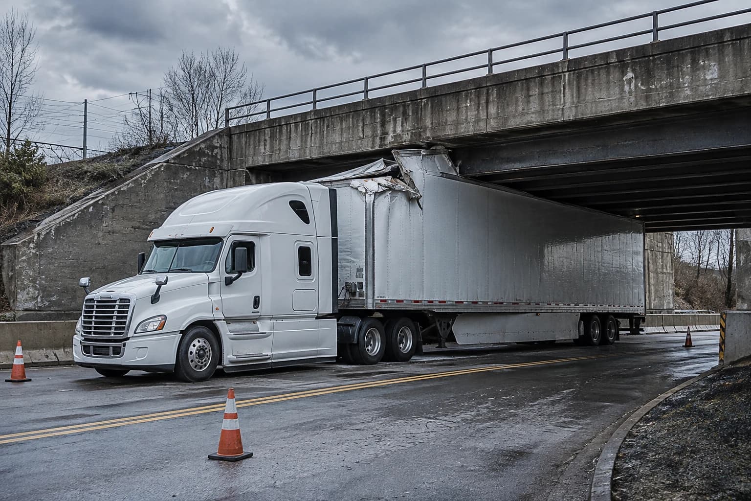 Illustration of a semi truck with its cargo trailer roof crushed against a low bridge.