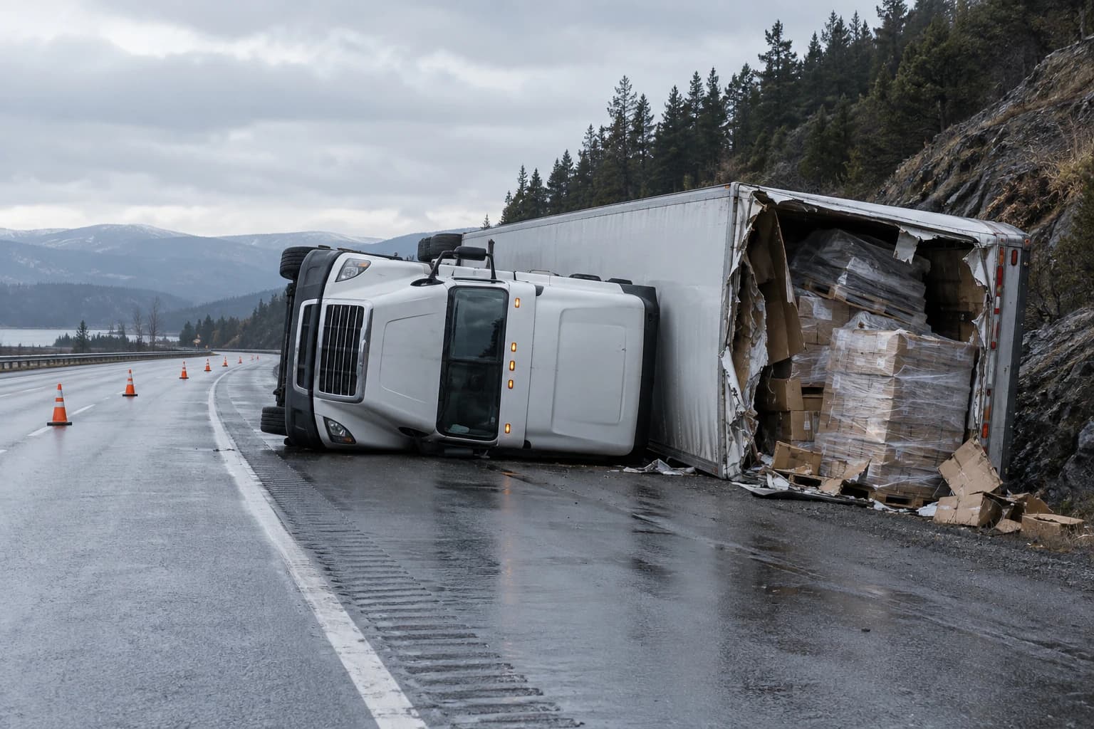 Illustration of an overturned cargo truck with damaged pallets beside a highway.