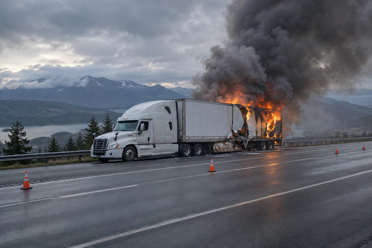 Illustration of a cargo trailer burning on a closed highway shoulder.
