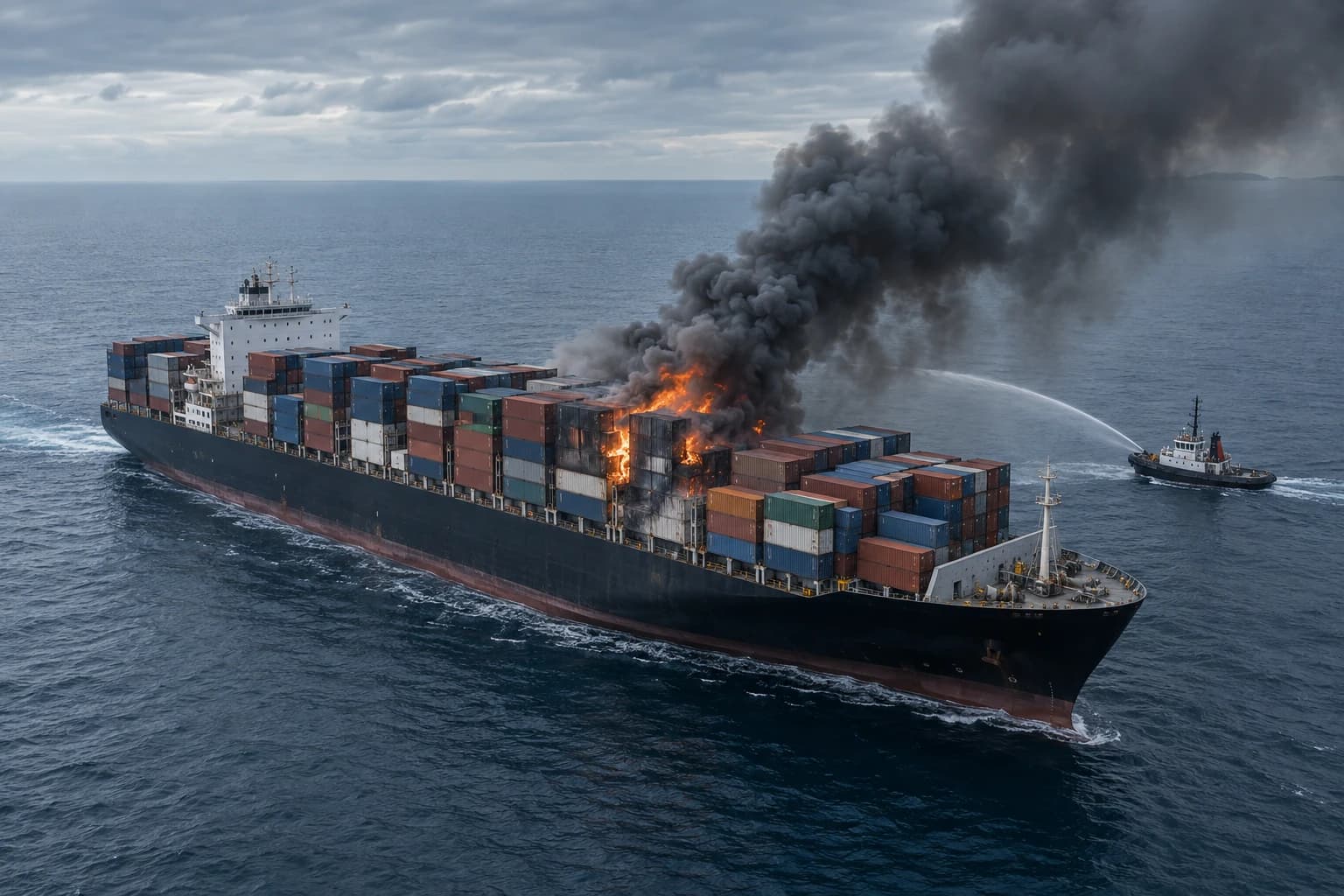 Illustration of a container ship fire with smoke rising above its cargo stacks.