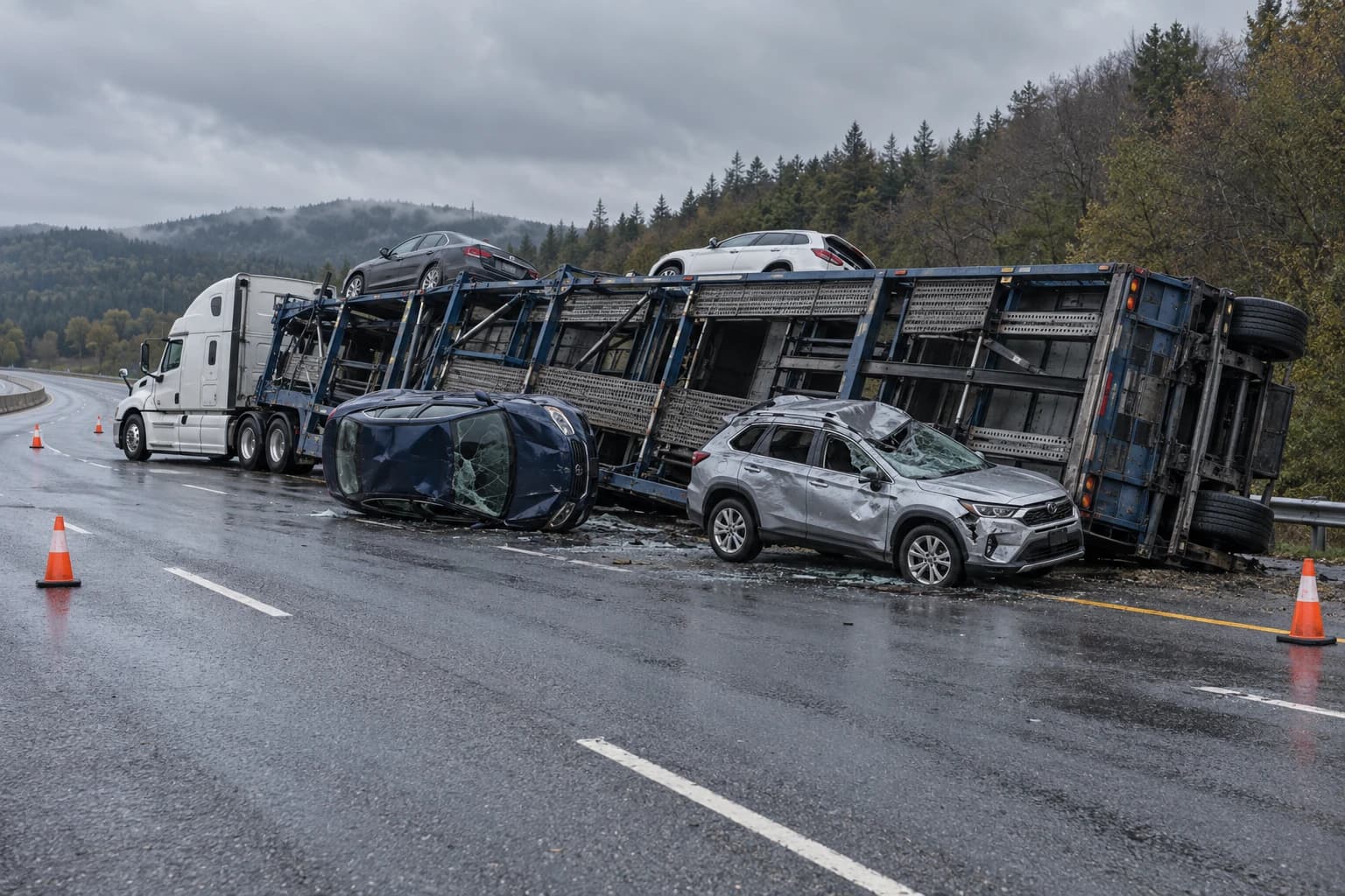 Illustration of an overturned car carrier with damaged vehicles that have fallen onto the roadway.