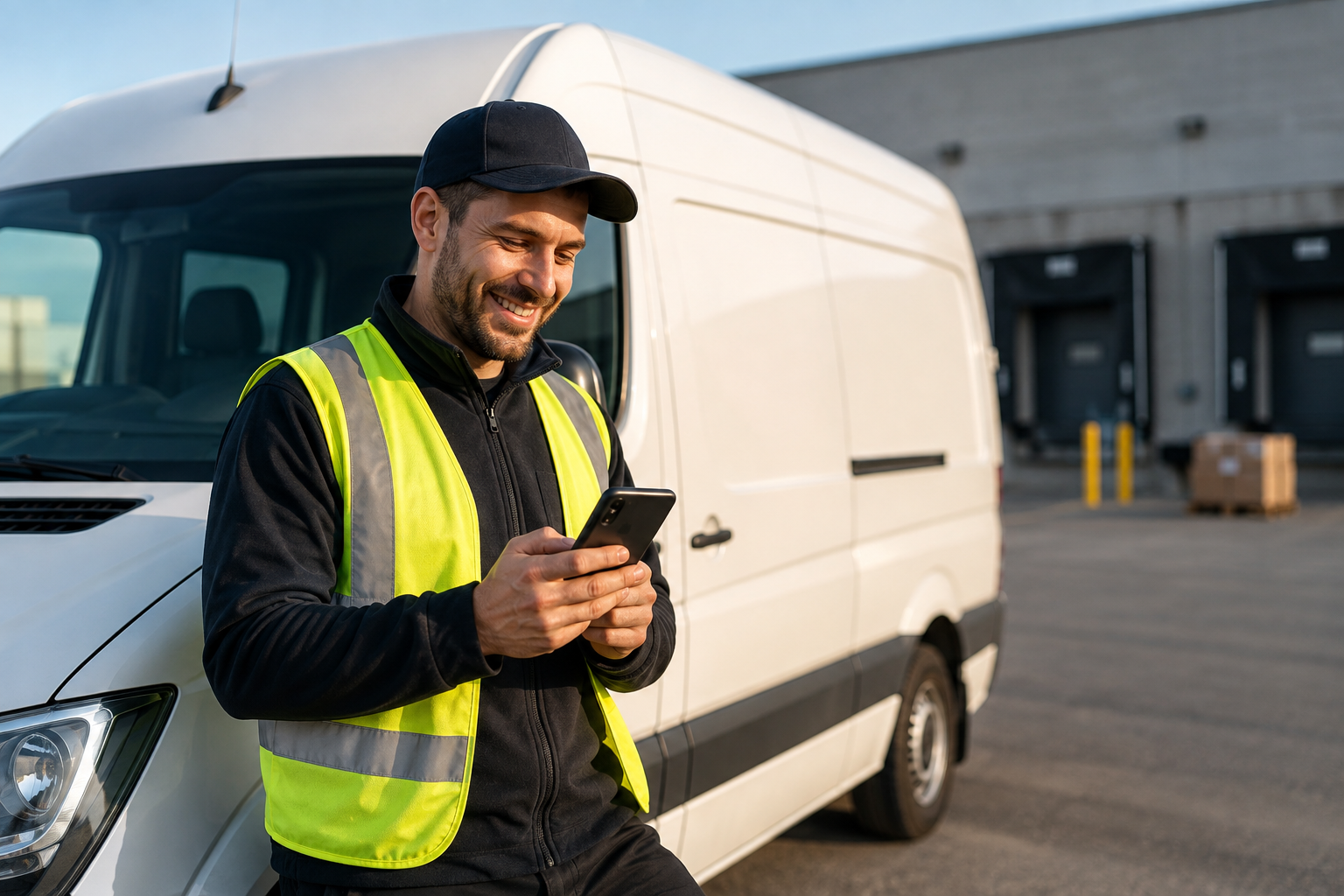A delivery driver using a phone beside a cargo van