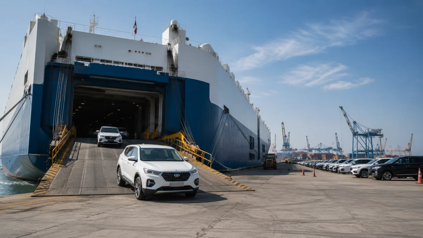 Vehicle and cargo at a container loading warehouse